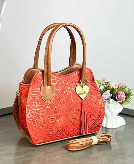 BOLSA HILDA PIEL DE FLORES ROJO-CIBRE/CAMEL