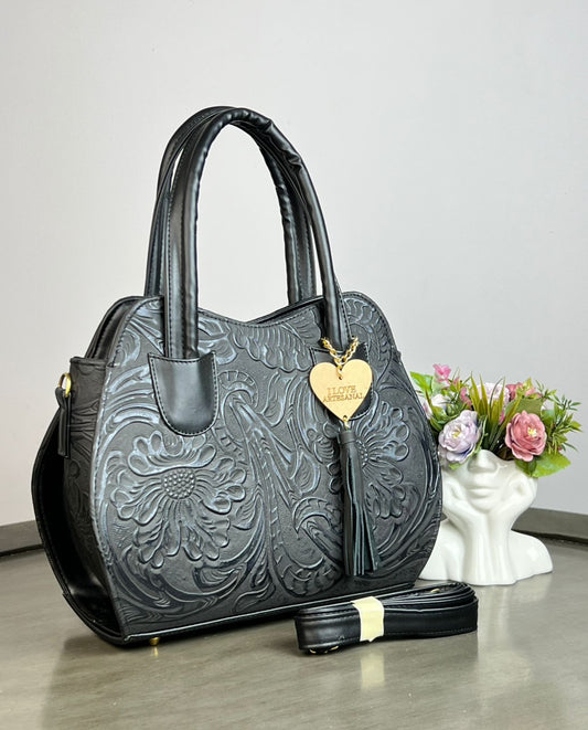 BOLSA HILDA PIEL DE FLORES NEGRO