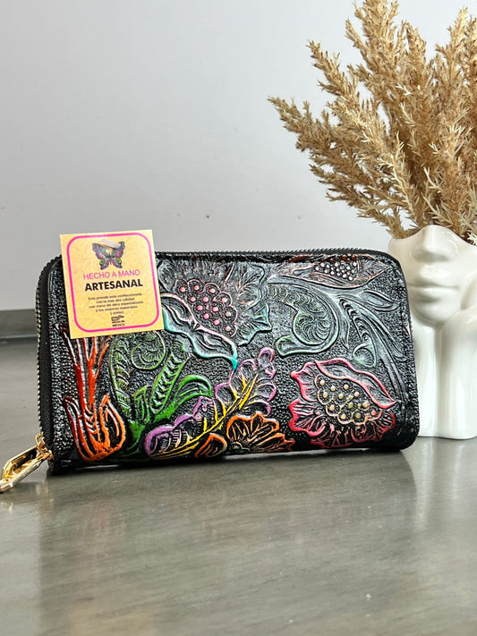 CARTERA ARTESANAL DOBLE CIERRE DALIAS NEGRO