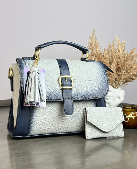 BOLSA DE CINTO ARTESANAL ABIGAIL HUESO/AZUL MARINO