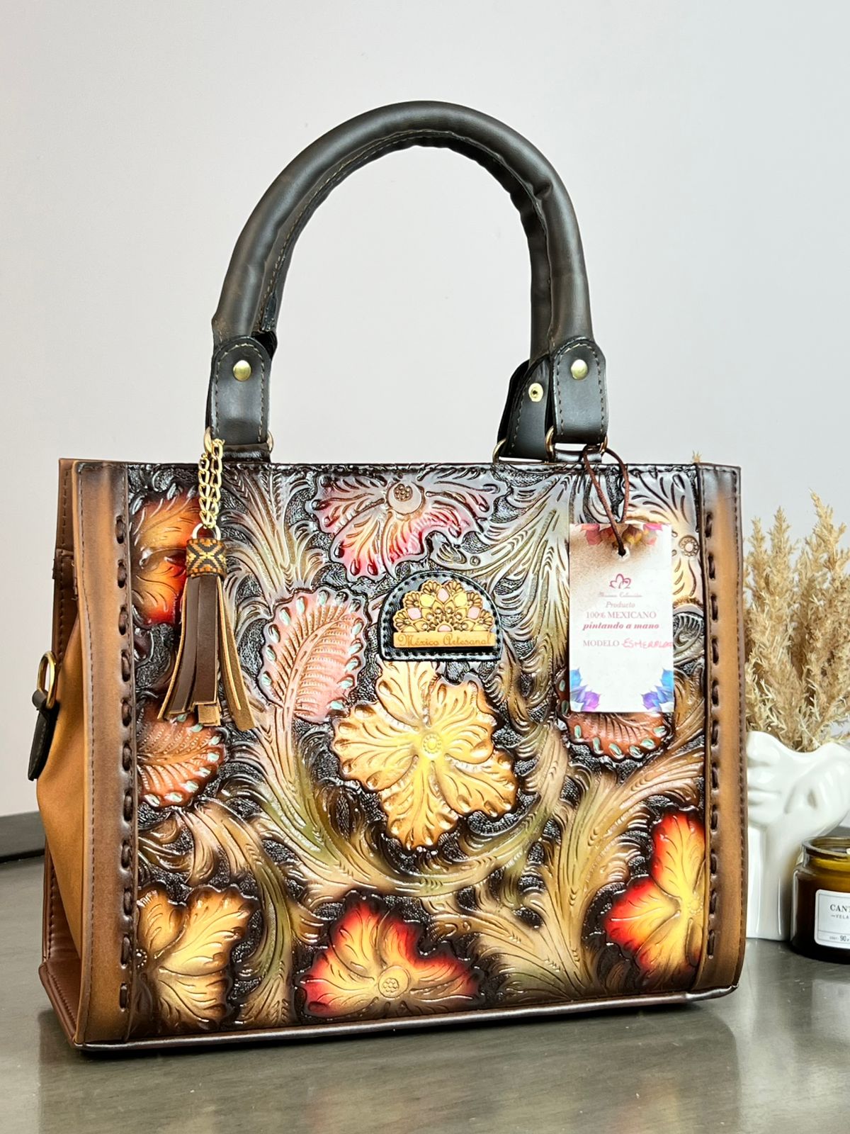 MAOMA GDE ESMERALDA FLORES CAMEL/TONOS NARANJA