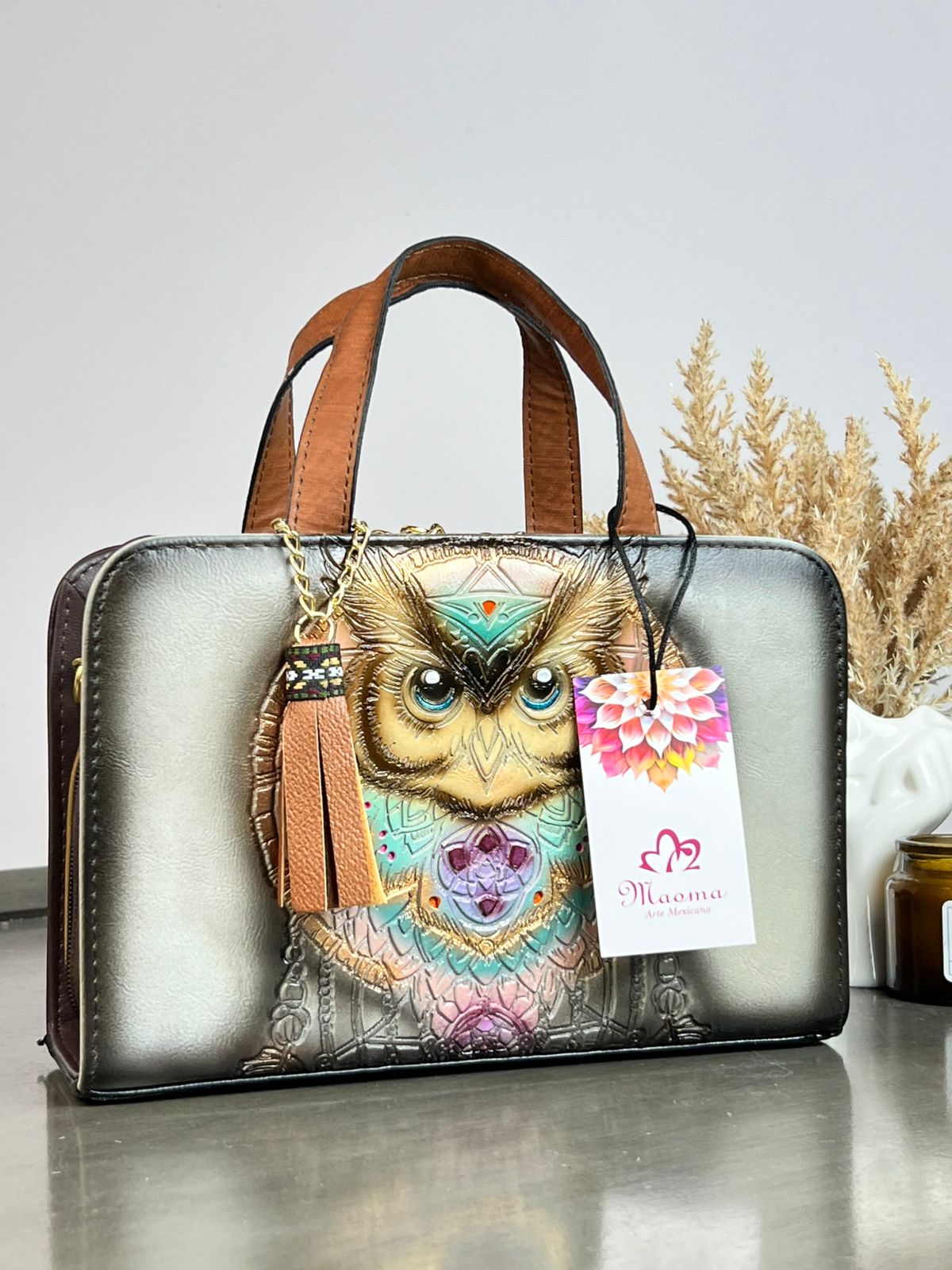MAOMA CROSSBODY BUHO YESO/TONOS CORAL Y AZUL