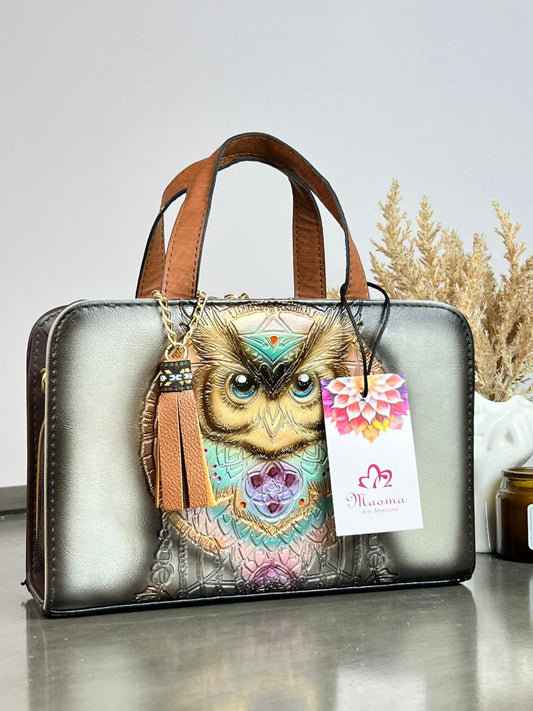 MAOMA CROSSBODY BUHO YESO/TONOS CORAL Y AZUL