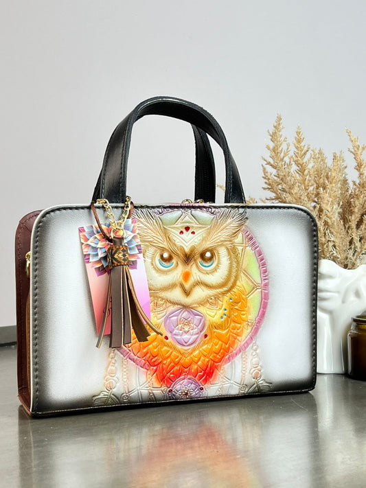 MAOMA CROSSBODY BUHO BLANCO/TONOS VERDE Y NARANJA