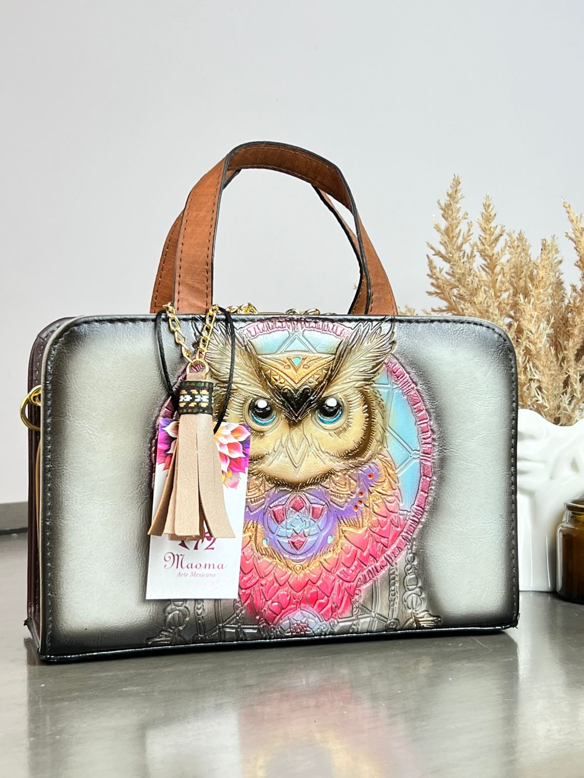 MAOMA CROSSBODY BUHO YESO/TONOS AZUL Y FIUSHA
