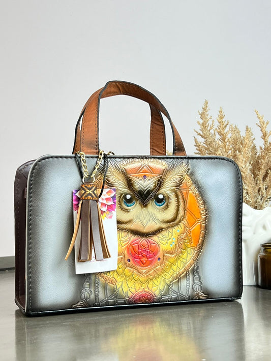MAOMA CROSSBODY BUHO GRIS/TONOS NARANJA Y AMARILLO