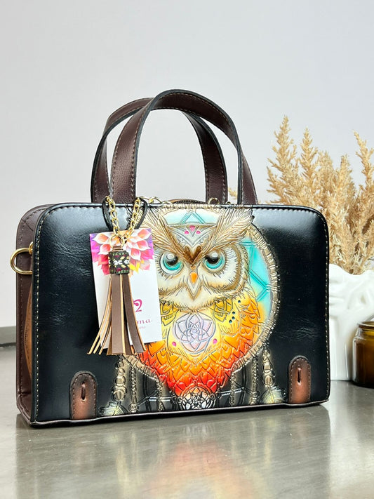 MAOMA CROSSBODY BUHO NEGRO/TONOS AZUL Y NARANJA
