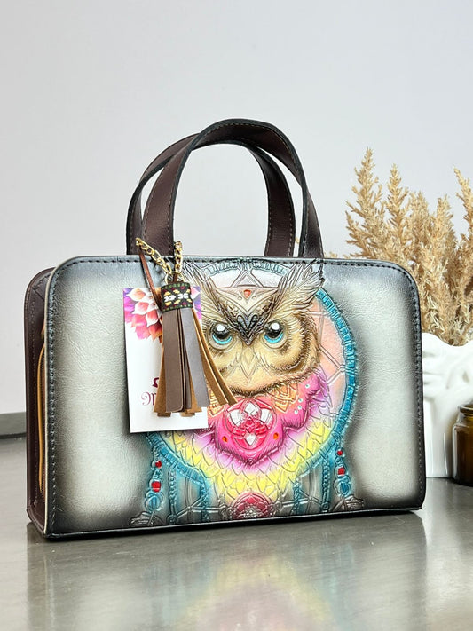 MAOMA CROSSBODY BUHO YESO/TONOS ROSA Y MORADO