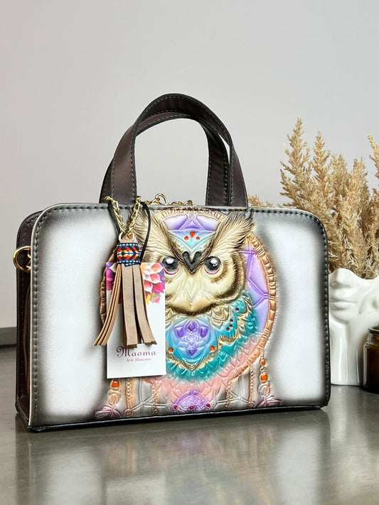 MAOMA CROSSBODY BUHO  BLANCO/TONOS LILA Y AQUA
