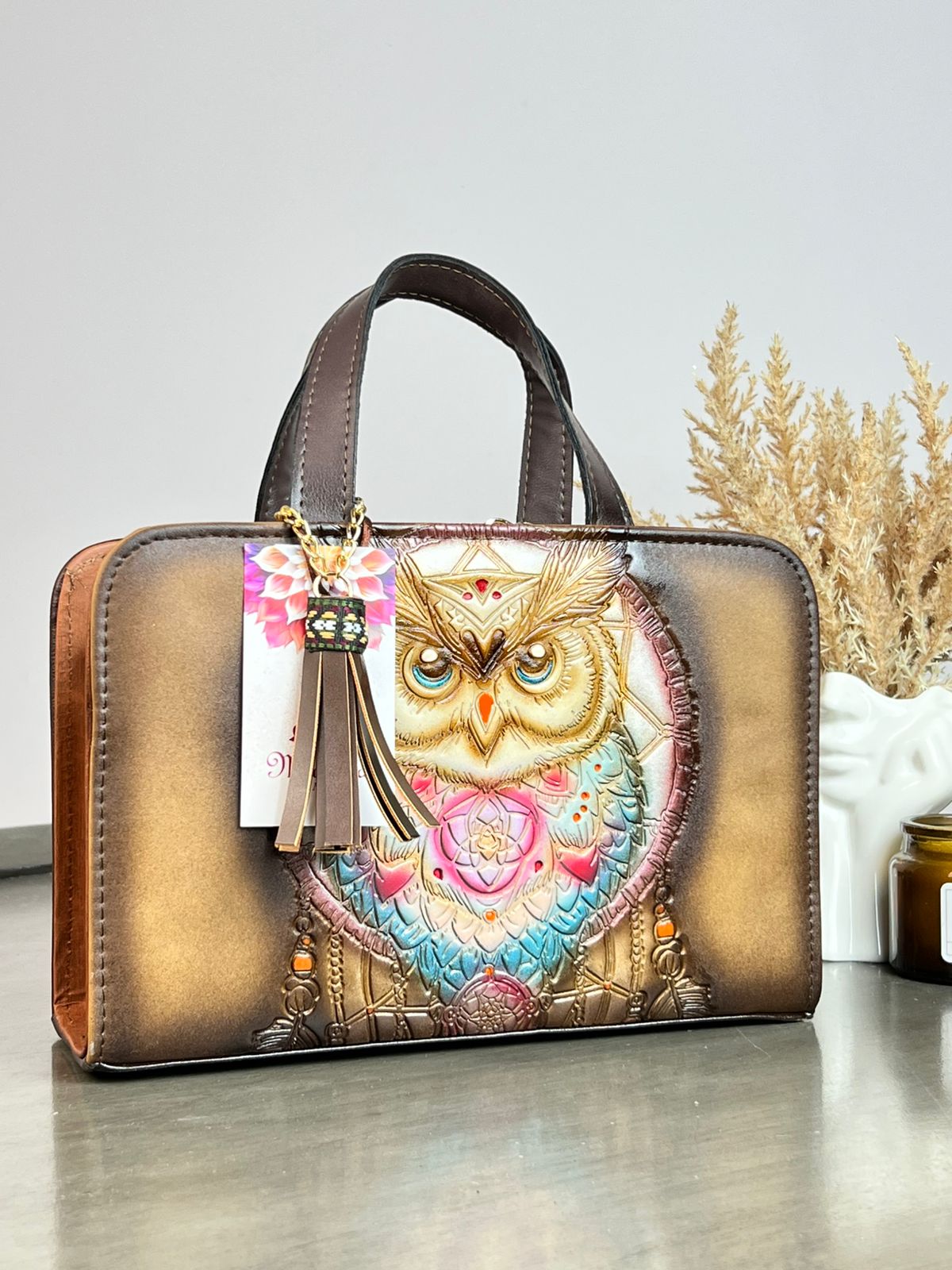 MAOMA CROSSBODY BUHO CEFÉ/TONOS PERLA Y AZUL