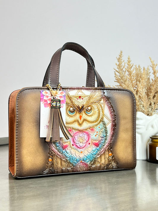 MAOMA CROSSBODY BUHO CEFÉ/TONOS PERLA Y AZUL