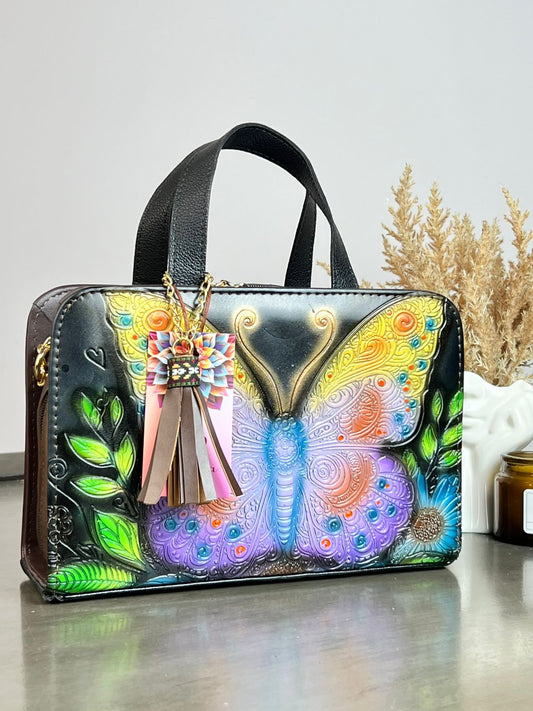 MAOMA CROSSBODY MARIPOSA NEGRO/TONOS LILA/AMARILLO
