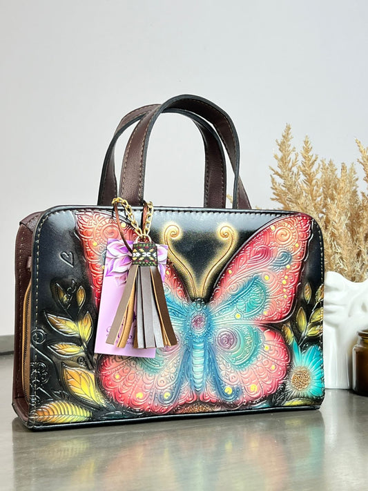MAOMA CROSSBODY MARIPOSA NEGRO/TONOS CORAL Y AZUL
