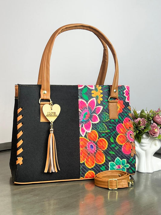 YUTE MODELO TEJIDA NEGRO/FLORES NARANJA