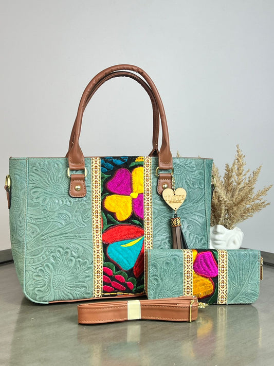 DUO FRANJA BORDADO Y PIEL GRASO CON CARTERA JADE/FONDO NEGRO