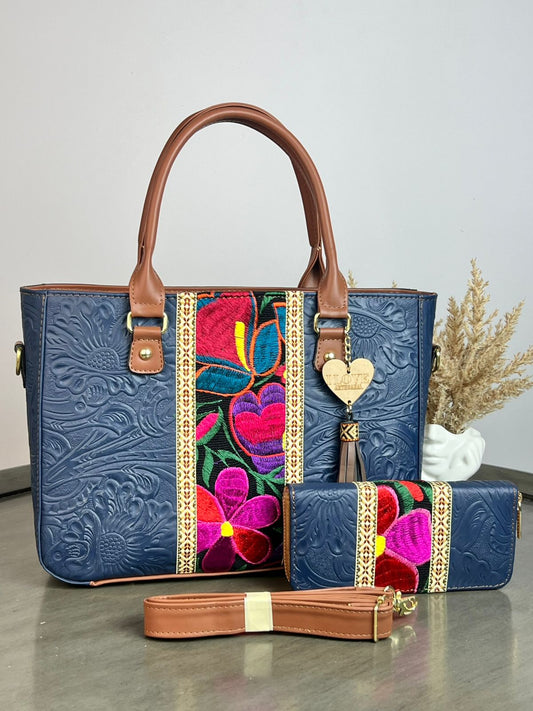 DUO FRANJA BORDADO Y PIEL GRASO CON CARTERA INDIGO/FONDO NEGRO