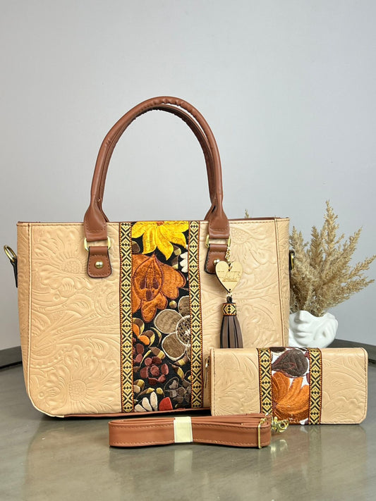 DUO FRANJA BORDADO Y PIEL GRASO CON CARTERA MAQUILLAJE/FONDO NEGRO