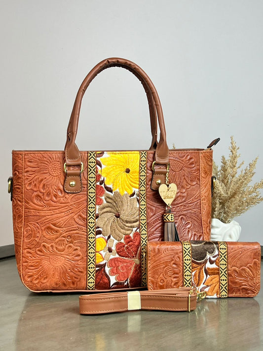 DUO BORDADO Y PIEL GRASO CON CARTERA CAMEL FONDO BLANCO