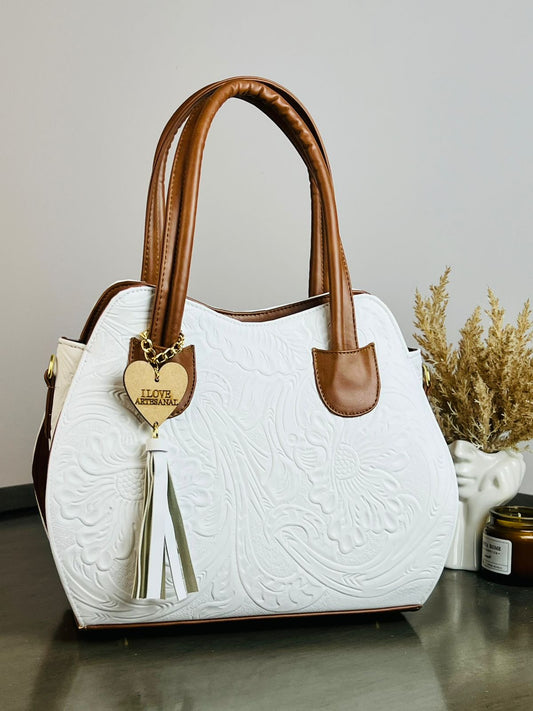 BOLSA HILDA PIEL DE FLORES BLANCO/CAMEL