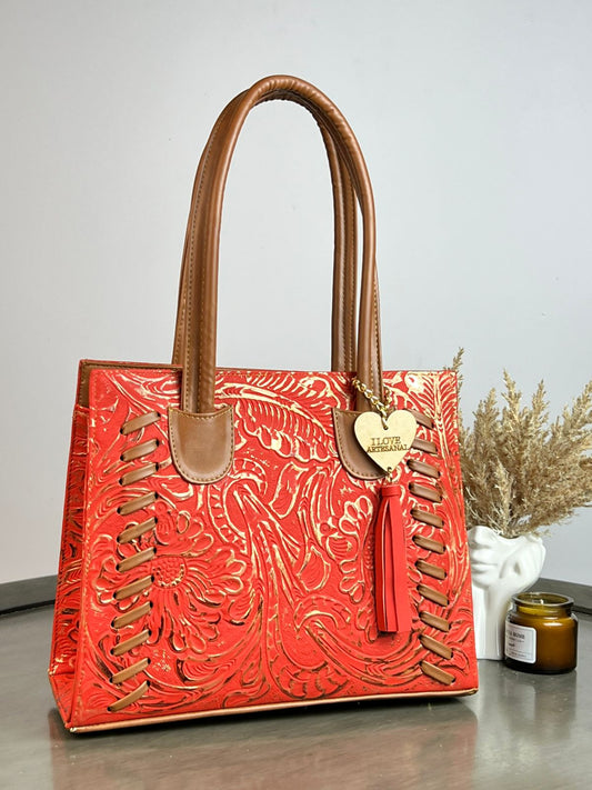 BOLSA TEJIDA PIEL DE FLORES ROJO-COBRE/CAMEL