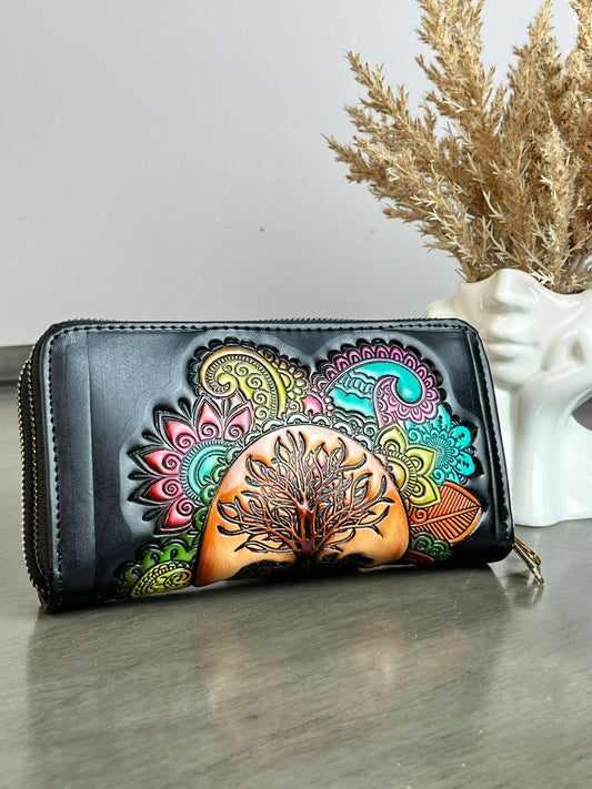 CARTERA ARTESANAL DOBLE CIERRE ÁRBOL NEGRO/COLORES