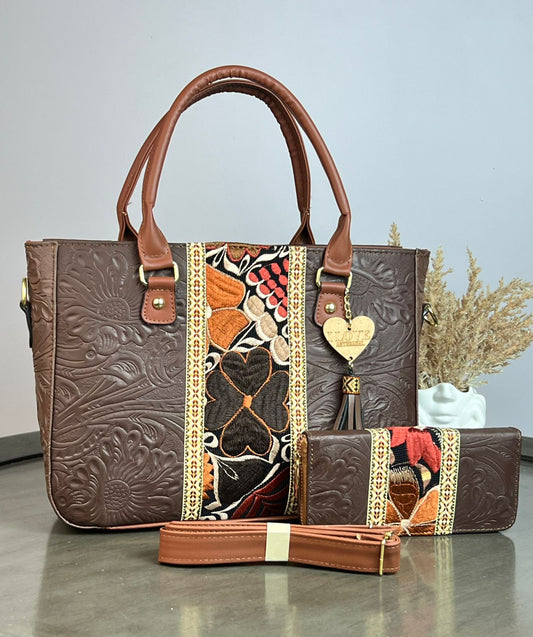 DUO FRANJA BORDADO Y PIEL GRASO CON CARTERA CHOCOLATE/OTOÑO