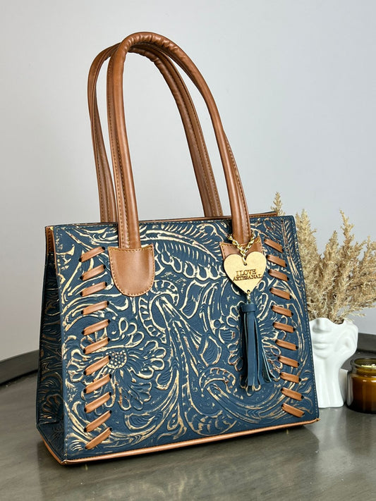 BOLSA TEJIDA PIEL DE FLORES PETRÓLEO DORADO