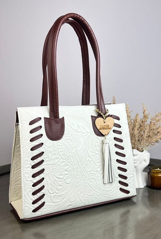 BOLSA TEJIDA PIEL DE FLORES HUESO/COMINO