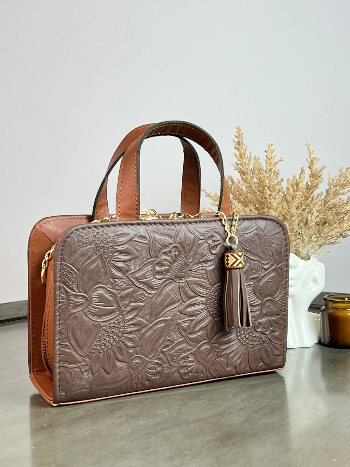 CROSSBODY DOBLE CARA GIRASOLES CHOCOLATE