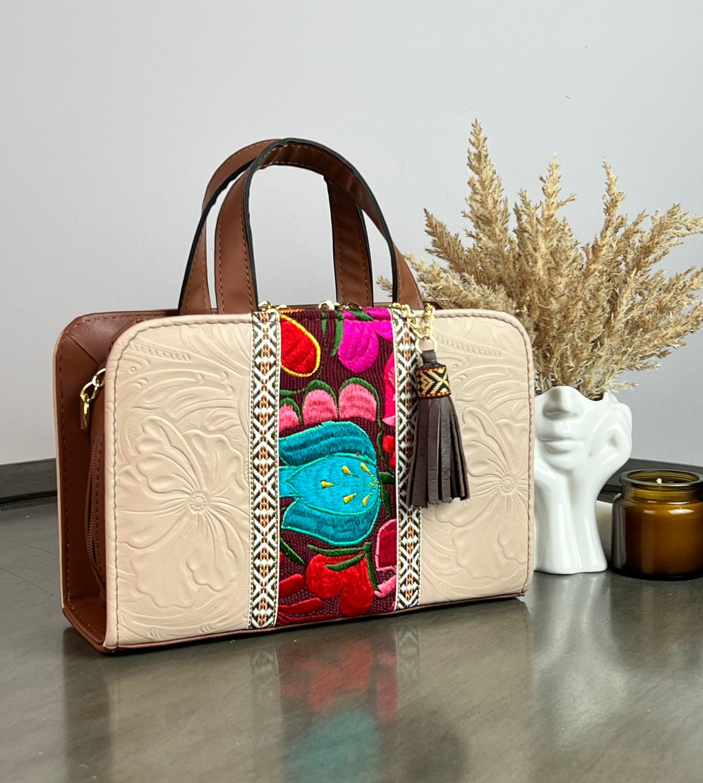 CROSSBODY DOBLE CARA FLORES FRANJA BORDADO COLORES/MAQUILLAJE