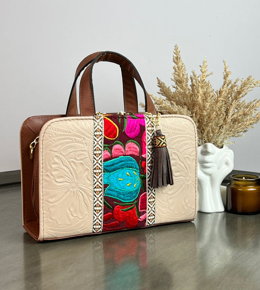 CROSSBODY DOBLE CARA FLORES FRANJA BORDADO COLORES/MAQUILLAJE