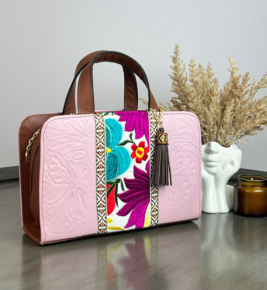 CROSSBODY DOBLE CARA FLORES FRANJA BORDADO F BLANCO/ROSA