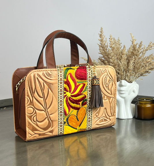 CROSSBODY DOBLE CARA ALCATRAZ FRANJA BORDADO F AMARILLO/AVELLANA