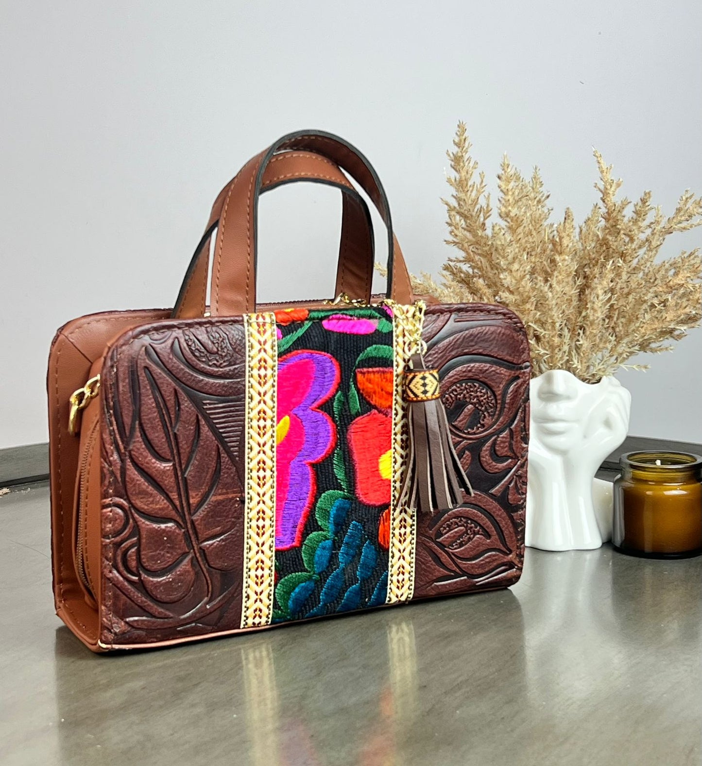 CROSSBODY DOBLE CARA ALCATRAZ FRANJA BORDADO F NEGRO/MARRON