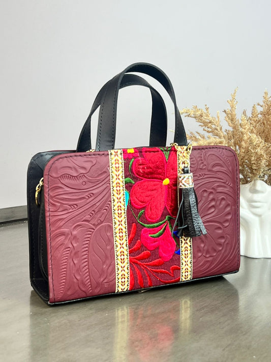 CROSSBODY DOBLE CARA FLORES FRANJA BORDADO F VINO/VINO