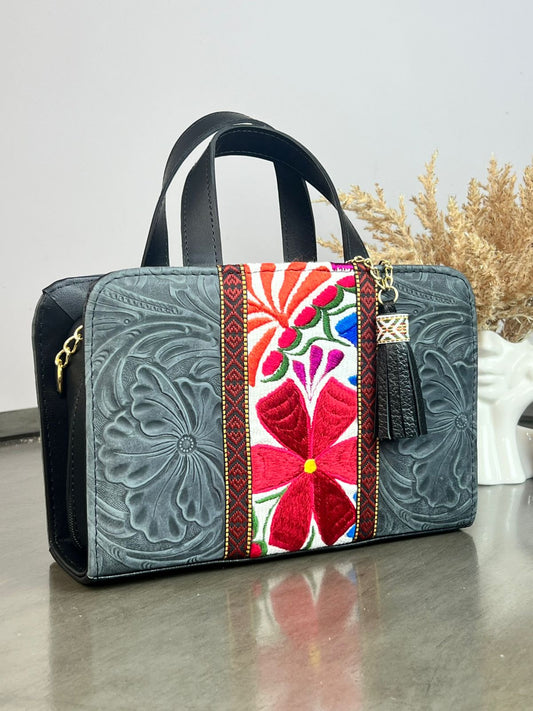 CROSSBODY DOBLE CARA FLORES FRANJA BORDADO F BLANCO/OXFORD