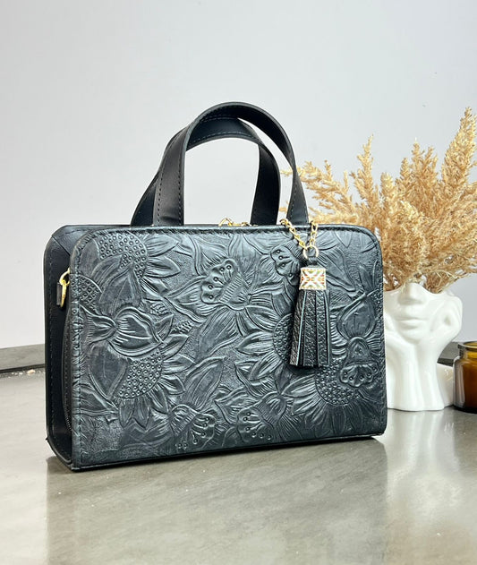 CROSSBODY DOBLE CARA GIRASOLES NEGRO BRILLANTE