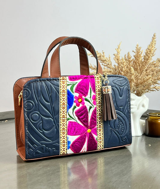 CROSSBODY DOBLE CARA ALCATRAZ FRANJA BORDADO F BLANCO/AZUL MARINO