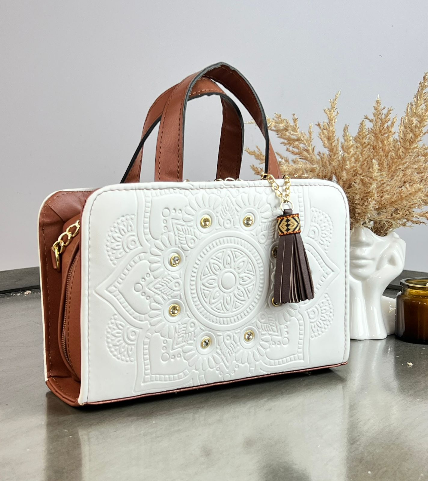 CROSSBODY DOBLE CARA MANDALA CRISTALES BLANCO