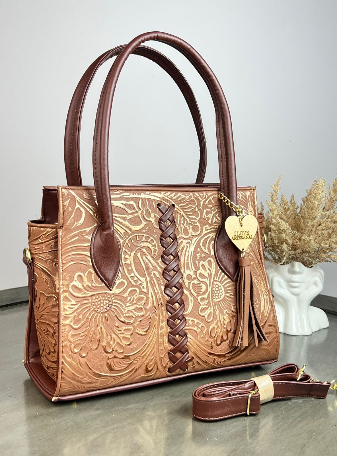 BOLSA NICOLE PIEL DE FLORES CAMEL COBRE/COMINO