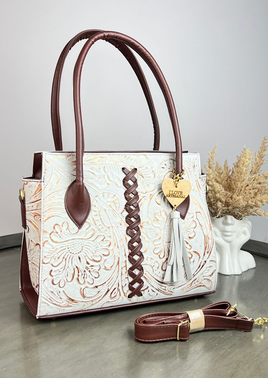 BOLSA NICOLE PIEL DE FLORES BLANCA COBRE/COMINO