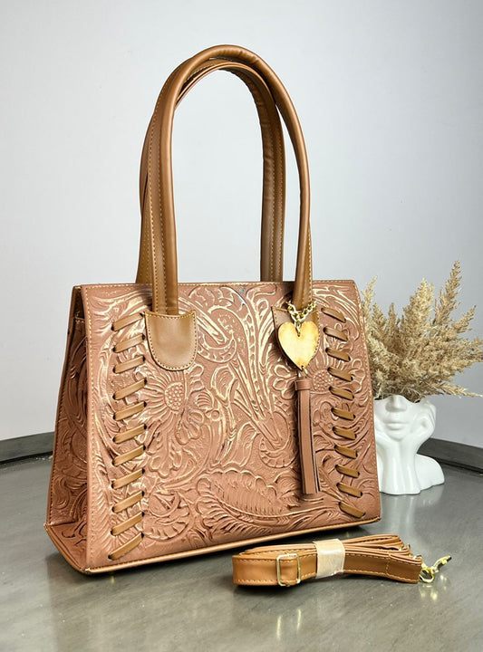 BOLSA TEJIDA PIEL DE FLORES CAMEL-COBRE/CAMEL