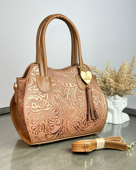 BOLSA HILDA PIEL DE FLORES CAMEL-COBRE/CAMEL