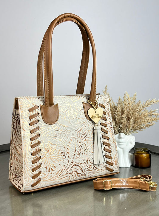 BOLSA TEJIDA PIEL DE FLORES VAINILLA COBRE/CAMEL