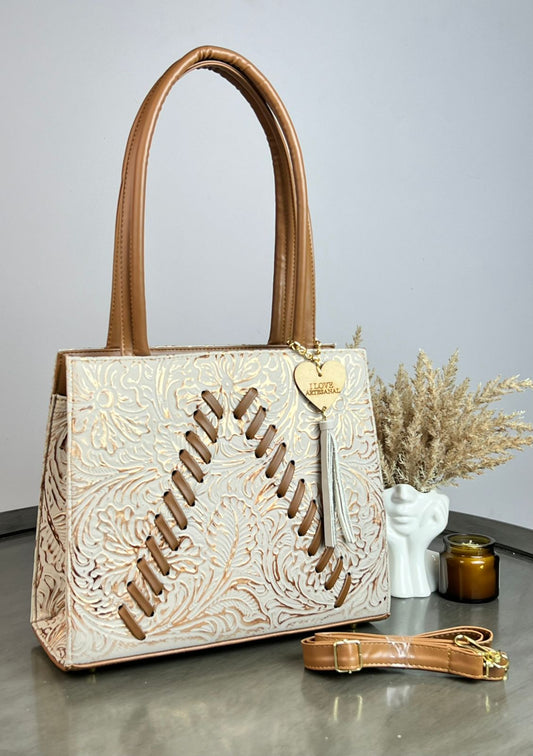 BOLSA SARA PIEL DE FLORES VAINILLA-COBRE/CAMEL