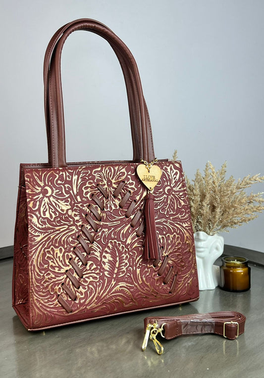 BOLSA SARA PIEL DE FLORES TERRACOTA-COBRE/COMINO