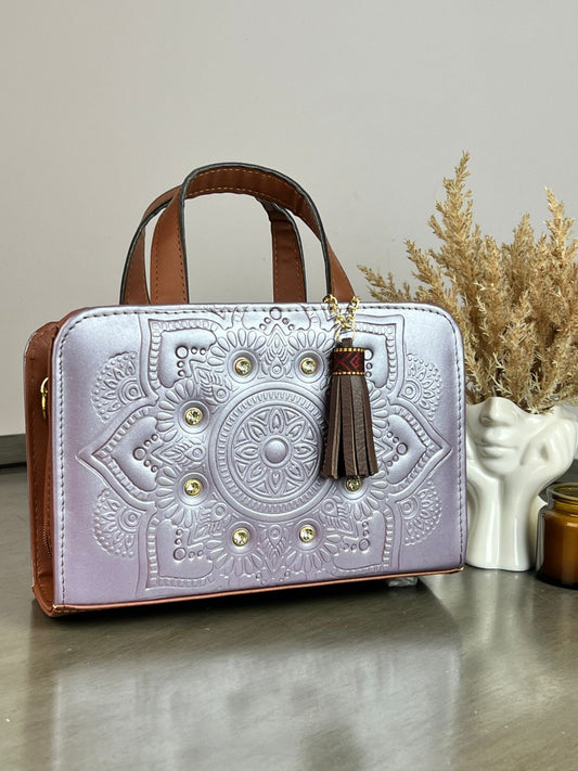 CROSSBODY DOBLE CARA MANDALA CRISTALES LILA METALICO