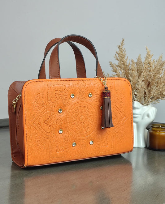 CROSSBODY DOBLE CARA MANDALA CRISTALES NARANJA