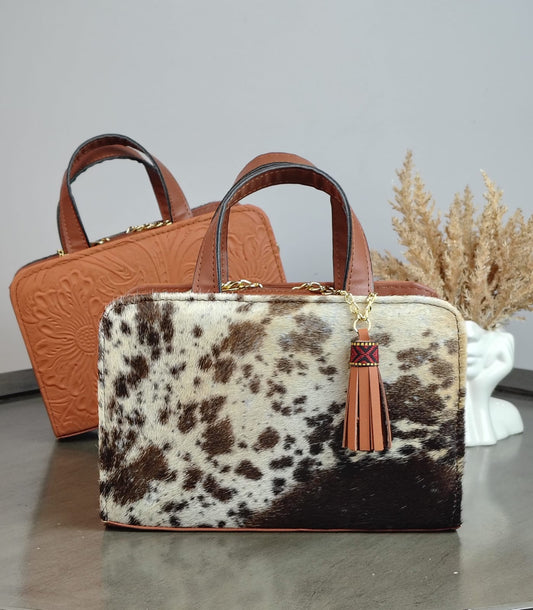 CROSSBODY DOBLE CARA PELO MOTEADO/PIEL GRABADA CAMEL