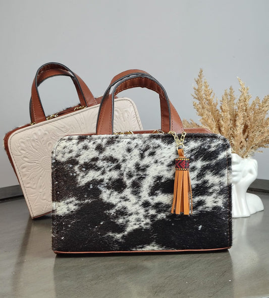 CROSSBODY DOBLE CARA PELO MOTEADO/PIEL GRABADA BEIGE
